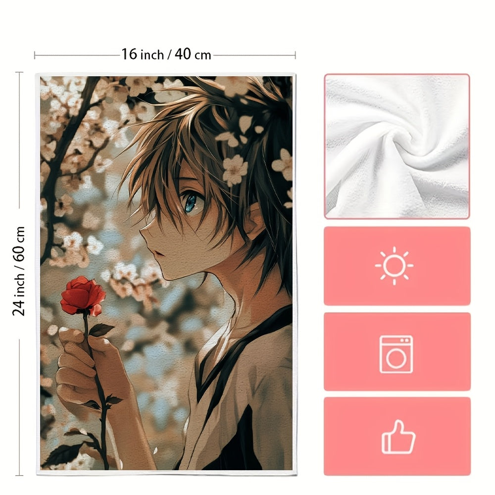 Two pieces of ultra soft kitchen towels featuring an anime boy with blue eyes leaning against a cherry blossom tree, holding a single red rose. These highly absorbent dish hand towels are perfect for holiday decor. Machine washable and measuring 16x24