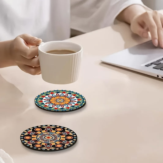 Set of 8 Bohemian-style wooden coasters - heat resistant, non-slip drink mats for home and office decor, perfect for parties, Christmas, and adding artistic, ethnic flair.