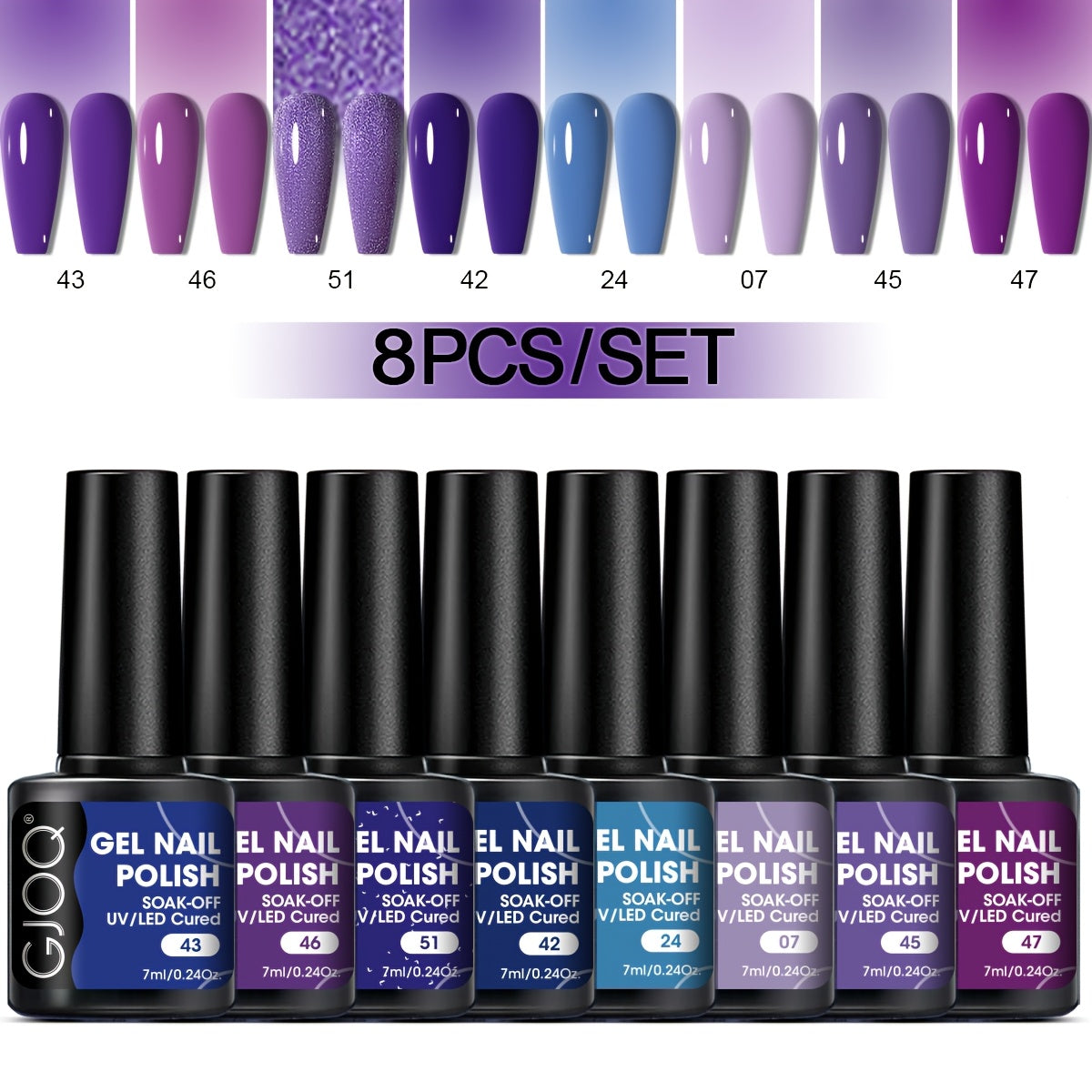 GJOQ 8-piece Gel Nail Polish Set: Long-lasting, UV/LED soakable, hypoallergenic, alcohol-free in neutral & glitter shades - ideal for DIY & salon.