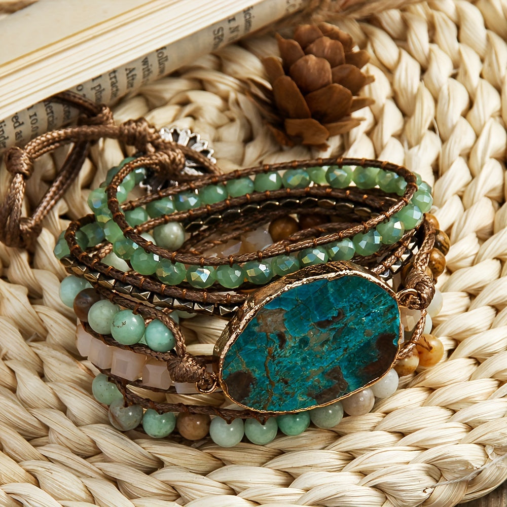 Wrap yourself in Bohemian vacation vibes with this natural stone wrap bracelet. Featuring multiple layers of beaded woven cord, this accessory is perfect for summer days and special gift occasions. Embrace the Thanksgiving holiday theme with this piece