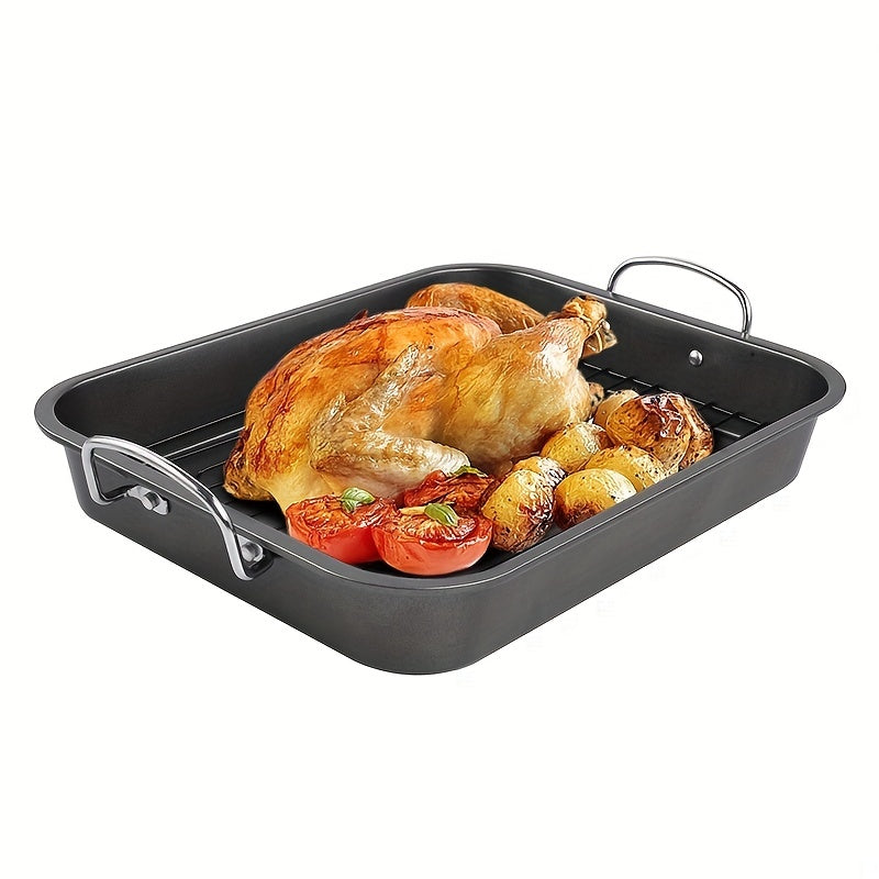 Non-stick baking pan with rack, 40cm rectangular grill perfect for turkey, roasted chicken, and ham. Includes 1 baking pan and 2 grills.