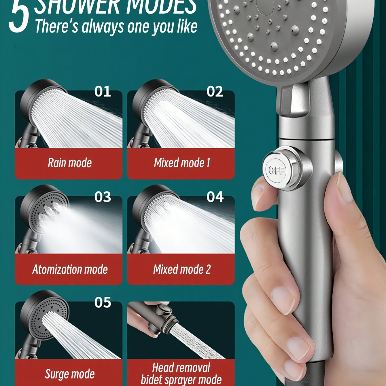 5-mode handheld shower head set with on/off switch and universal connector, suitable for European and American thread standards.