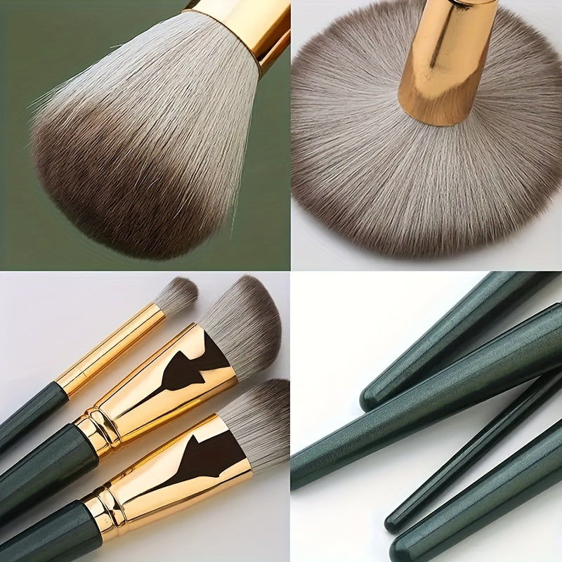 14-piece professional makeup brush set with soft and fluffy silvery/green synthetic hair, ideal for foundation, eyeshadow, eyebrow, and eyeliner application.