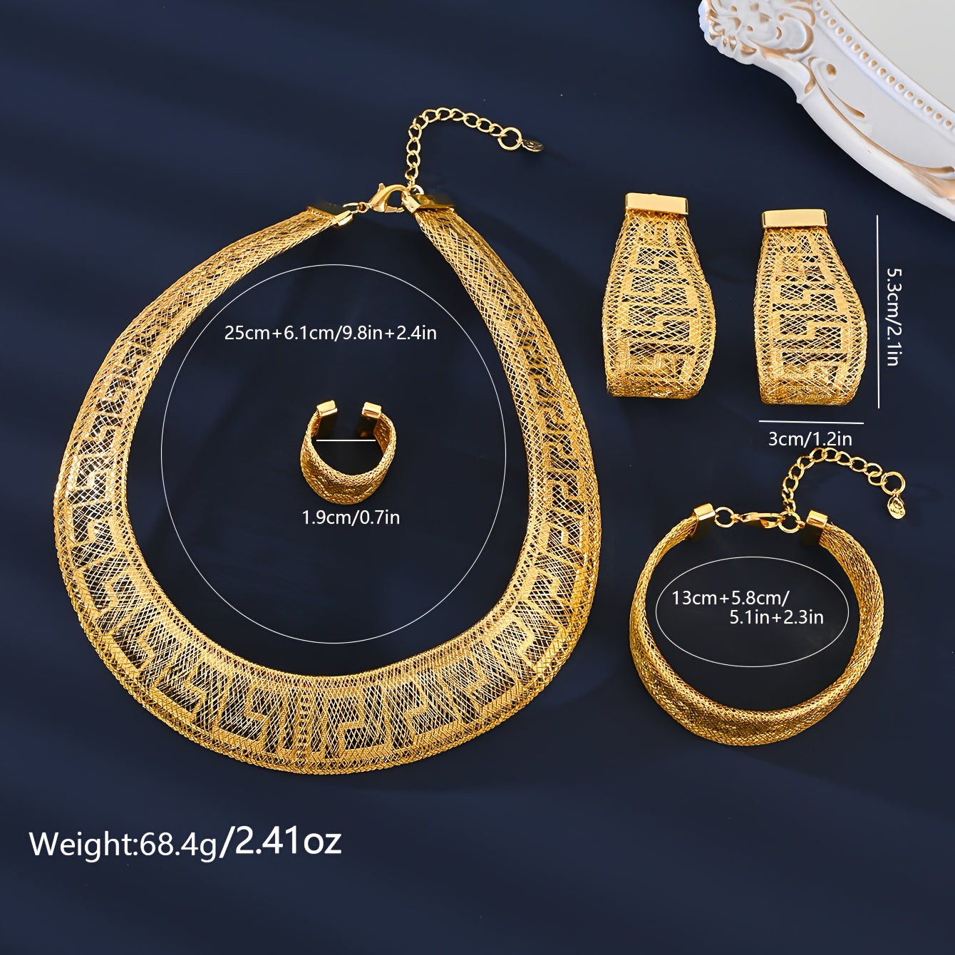 This set includes 5 pieces of Dubai Middle East jewelry, including a necklace, ring, earrings, and bracelet. Perfect as holiday gifts or wedding accessories for women.