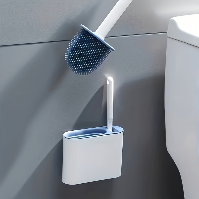 Silicone toilet brush set with wall mounting, space-saving long handle design. Includes 2 brushes and holder for versatile cleaning. Perfect for living rooms, bathrooms, toilets, and