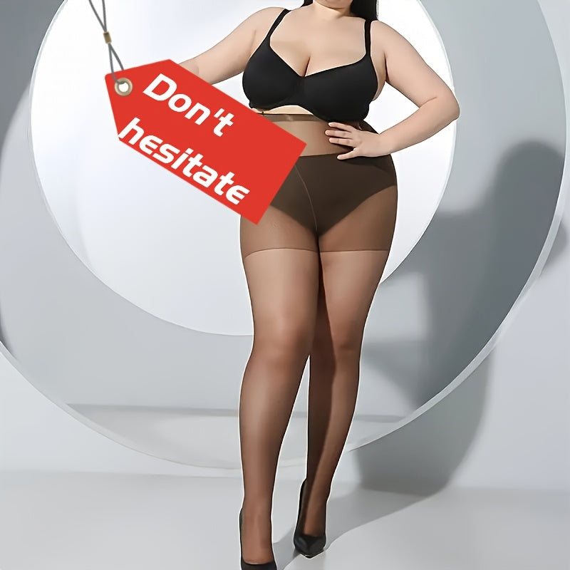 High-waist plus size pantyhose made of 89% nylon and 11% spandex. Knit fabric in solid color, thin and sheer. Anti-snag and hand washable. Fits sizes 0XL to 2XL.