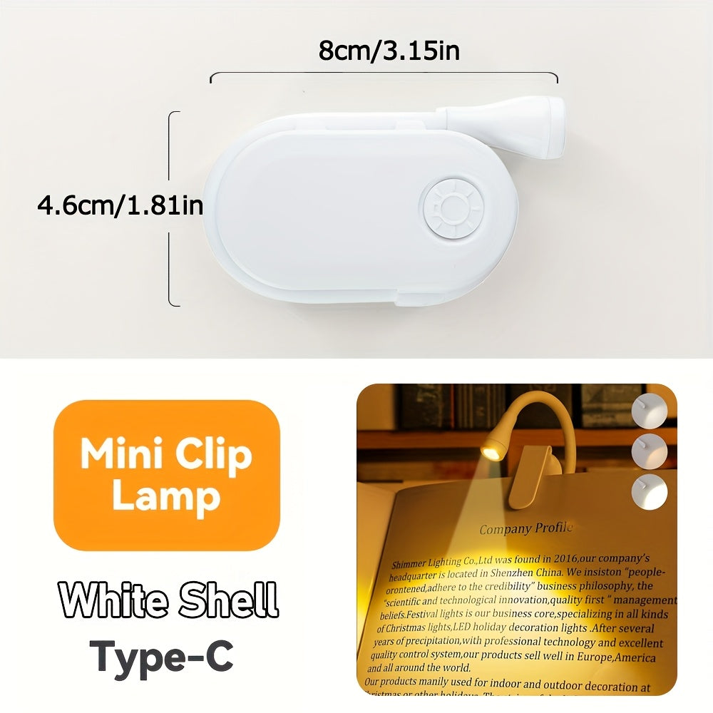 Mini Portable Clip-On Book Light with Adjustable Brightness, USB Rechargeable in Three Colors, 360-Degree Foldable LED Reading Lamp for Bedrooms, Study, and Creative Gifts.