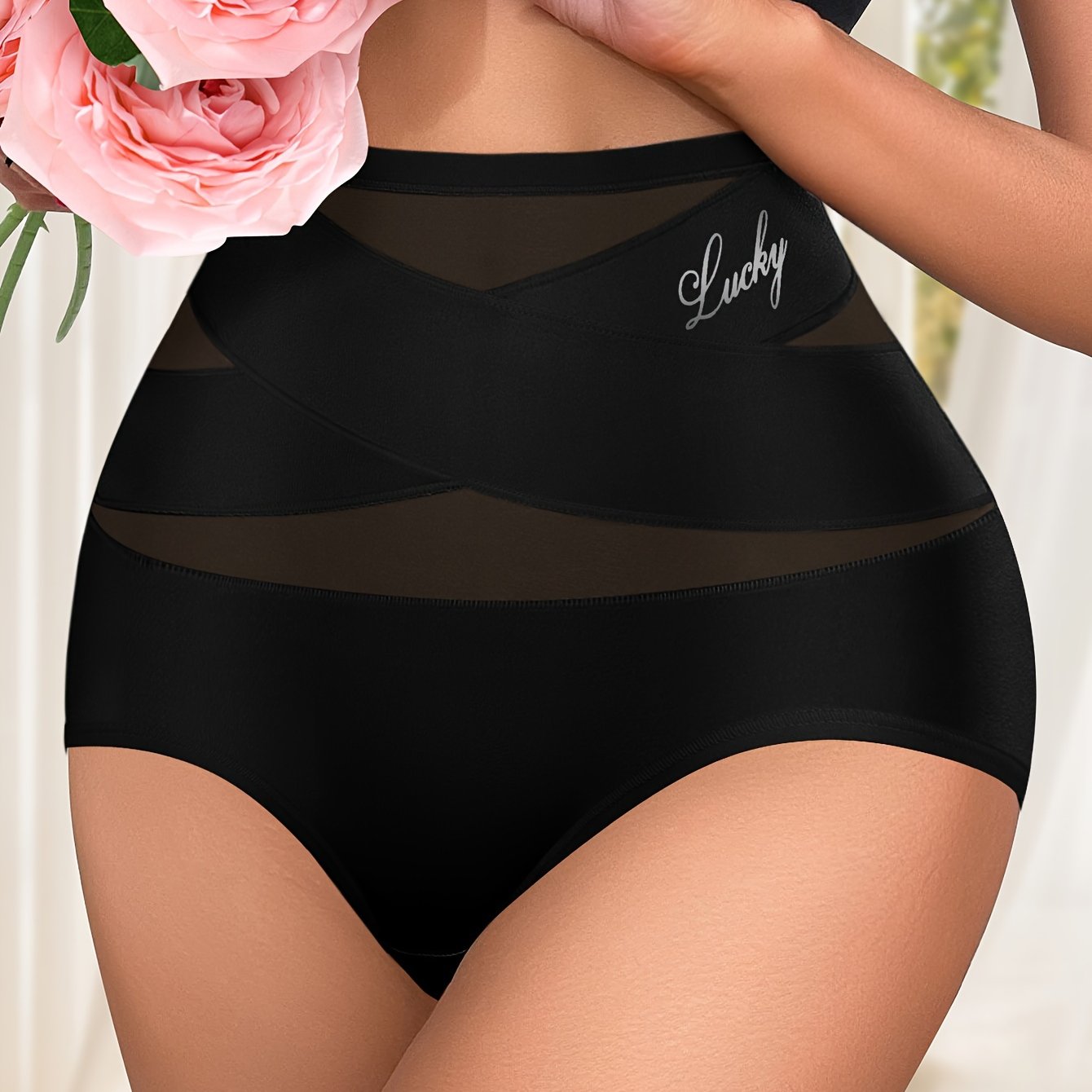 Seamless high waist briefs with letter print, sexy and comfortable women's lingerie.