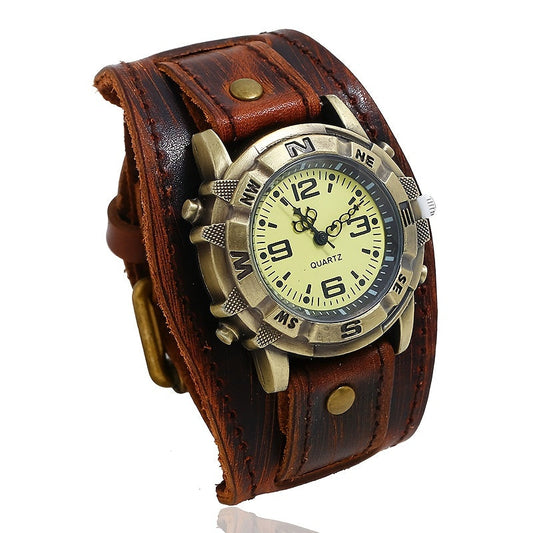 Vintage Retro Wide Leather Strap Watch for Men, Punk Quartz Cuff Watch for Parties and Daily Wear, Ideal Father's Day Gift