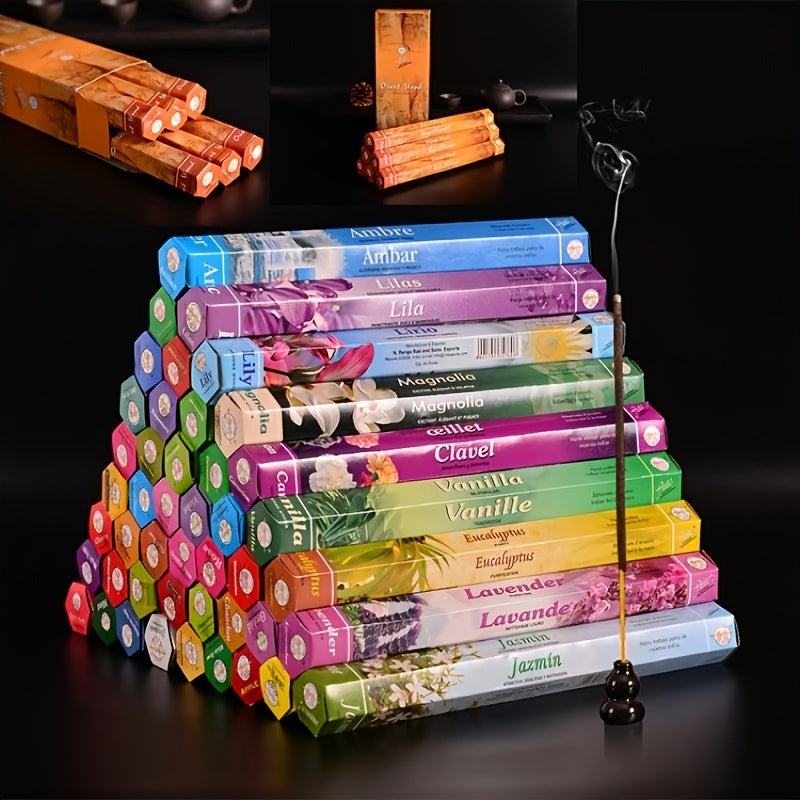 Box of 20 incense sticks in assorted fragrances like Vanilla, Sandalwood, Cherry, Women's, White Rose Yoga, and Lavender. Ideal for yoga, meditation, and home decor. Experience the scents of India.