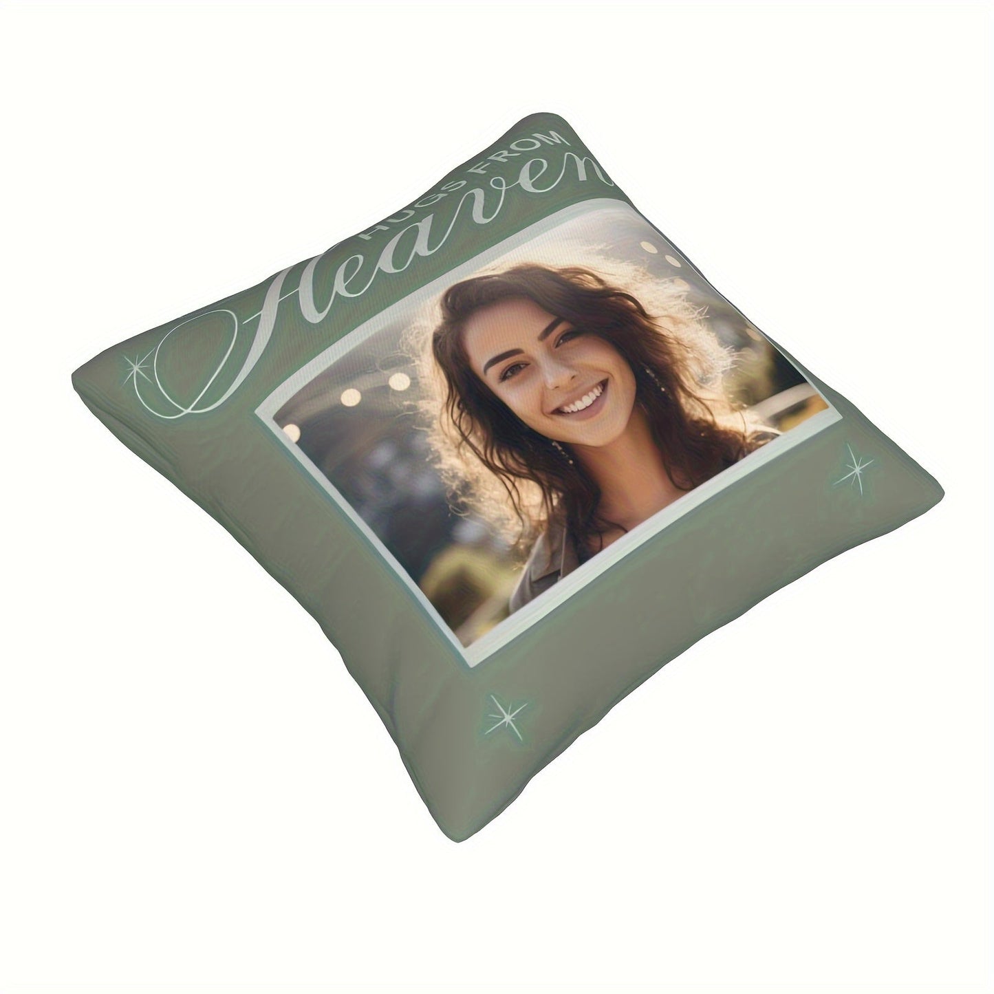 Customize your own photo pillowcase with "HUGS From Heaven" design - a special souvenir for your family, siblings, friends, and loved ones. Pillow core not included. Measures 45.72x45.72 cm with soft fabric and invisible zipper closure.