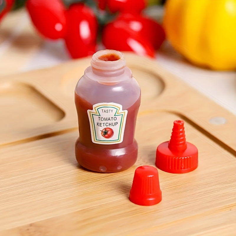 Set of 4 Portable Mini Sauce Bottles - Includes Honey, Ketchup, Mayonnaise, and Oil. Made from Food-Safe Plastic, Perfect for Camping, Office, School Lunches, or Car Sauce Holder.