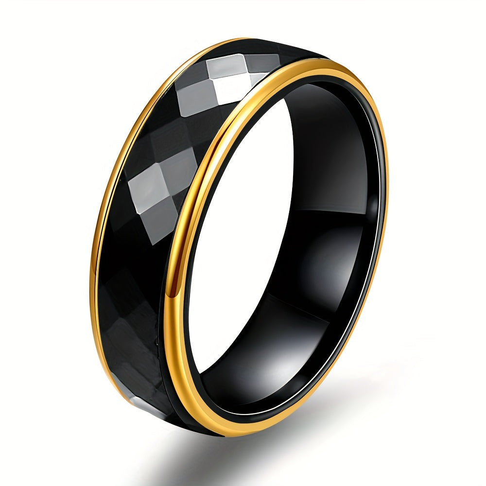 Stylish 6mm Wide Stainless Steel Black and White Ceramic Prismatic Faceted Ring, Perfect for Men and Women with a Minimalist Personality, Ideal for Everyday Wear, showcasing an Elegant and Versatile Temperament