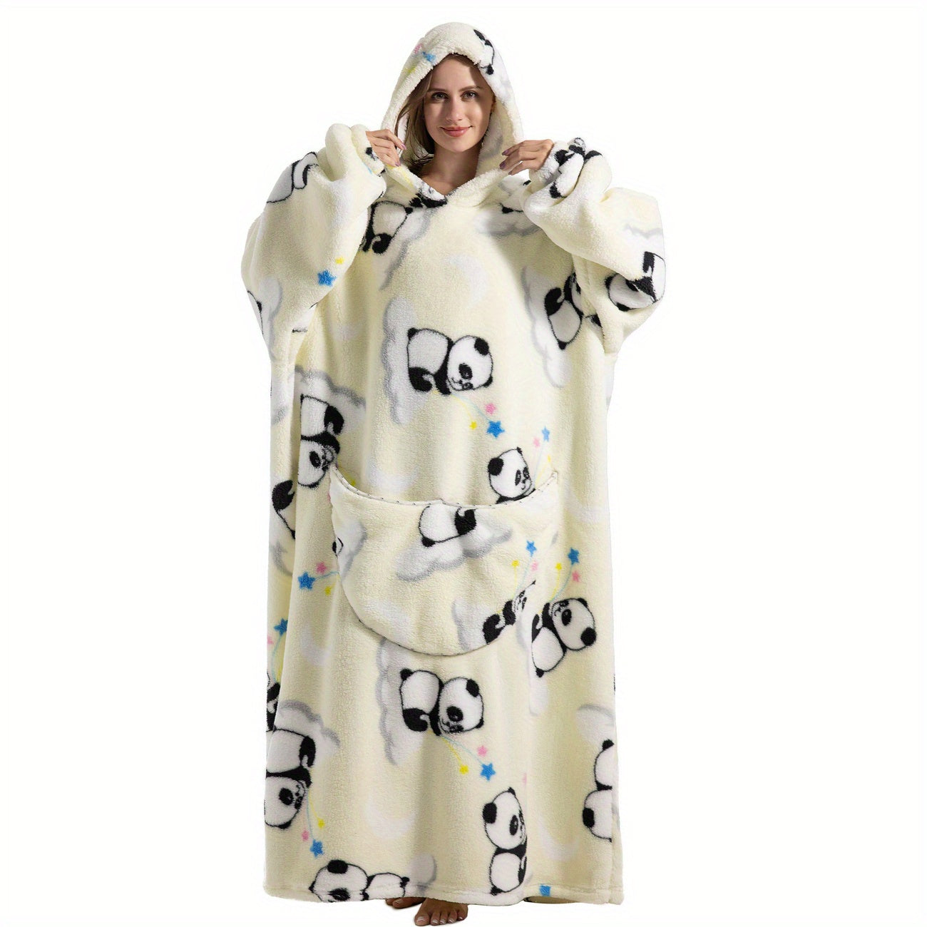 Stay warm and stylish in our oversized hoodie wearable blanket featuring a fun pepperoni pizza print. Made from super soft, warm polyester, this adult robe comes with a large front pocket for your convenience. Perfect for both men and women, this