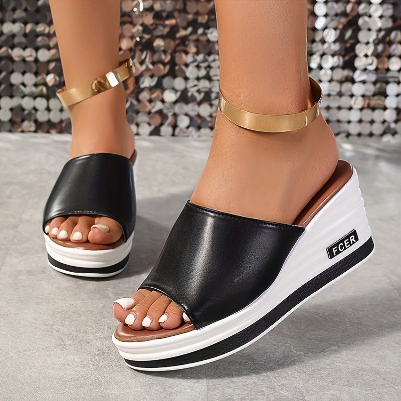 Women's white wedge sandals with a golden ankle accent and thick sole, perfect for casual summer wear.