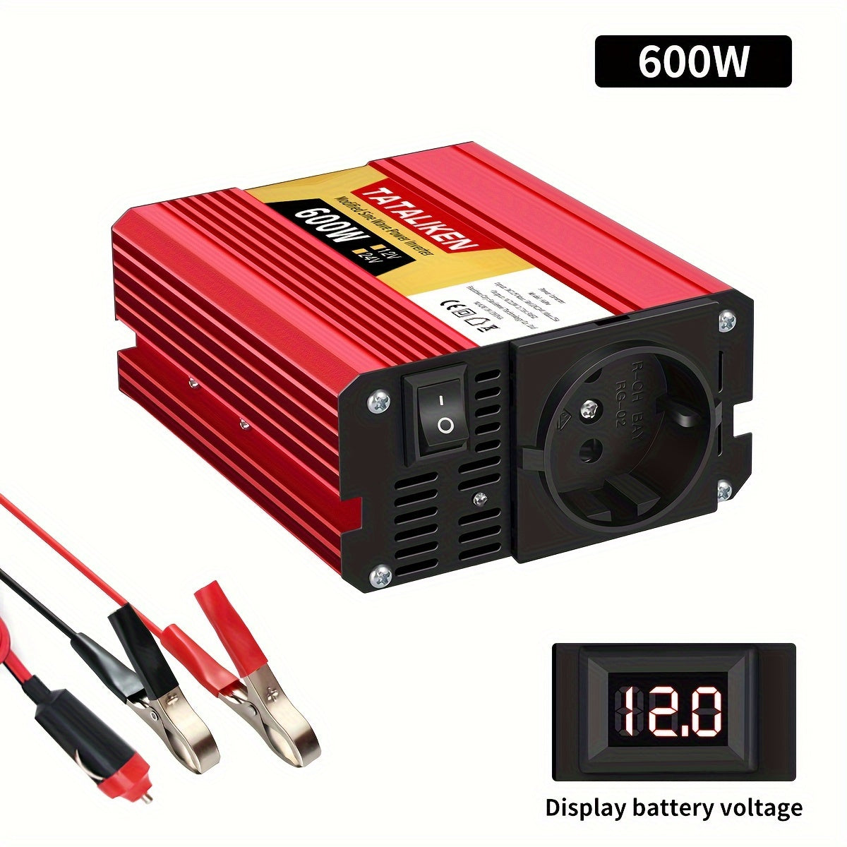 High-power 12V to 220V car inverter with 2500W-600W capacity, ideal for charging phones and tablets.