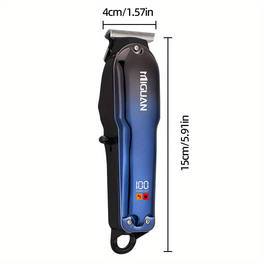 USB rechargeable hair clipper with digital display, 4 blades, ergonomic handle for precision trimming and styling. Ideal gift with sleek blue design.