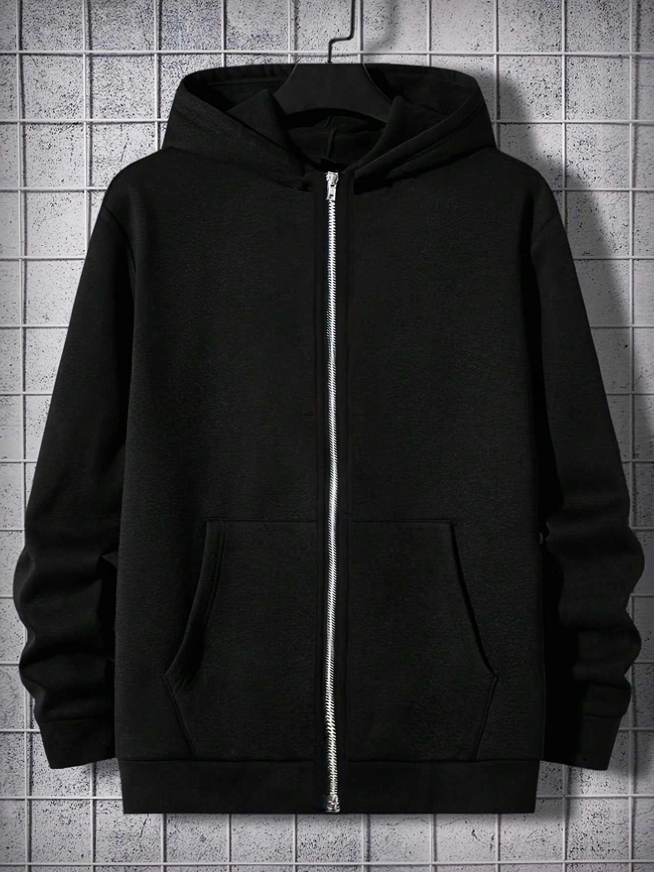 Men's casual black zip-up hoodie made of polyester, ideal for outdoor sports, machine washable, suitable for hip-hop necklace, available in plus size.