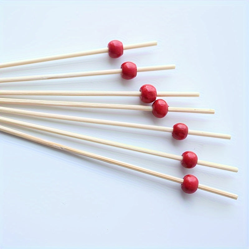 100 high-quality bamboo cocktail picks with red beads - disposable fruit skewers for parties, bars, desserts, and outdoor gatherings.