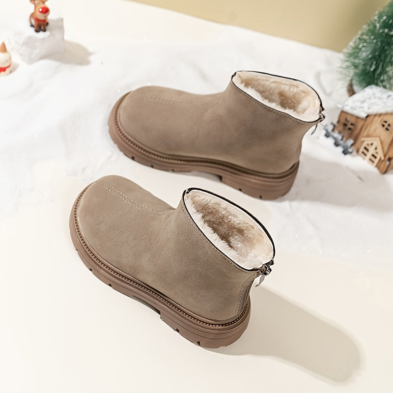 Stylish winter ankle boots with cozy plush lining, durable PVC sole, side zipper, round toe, brown upper with black trim. Perfect for boys and girls, casual snow booties for cold weather.