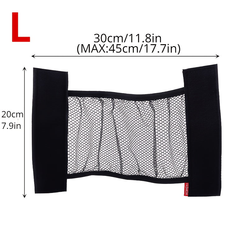 Durable nylon mesh car trunk organizer with rear seat back hanging cargo pocket. No electricity needed. Black color. Great for home and garage organization.