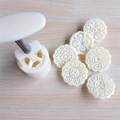 Moon Cake Maker Set with Flower-shaped Mold and 6 Stamps - Create DIY Hand-pressed Cookies for the Mid Autumn Festival with these Pastry Tools, Baking Tools, and Kitchen Gadgets