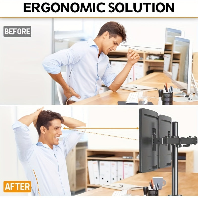 Adjustable dual-monitor desktop stand with clamp design and iron construction for office use.