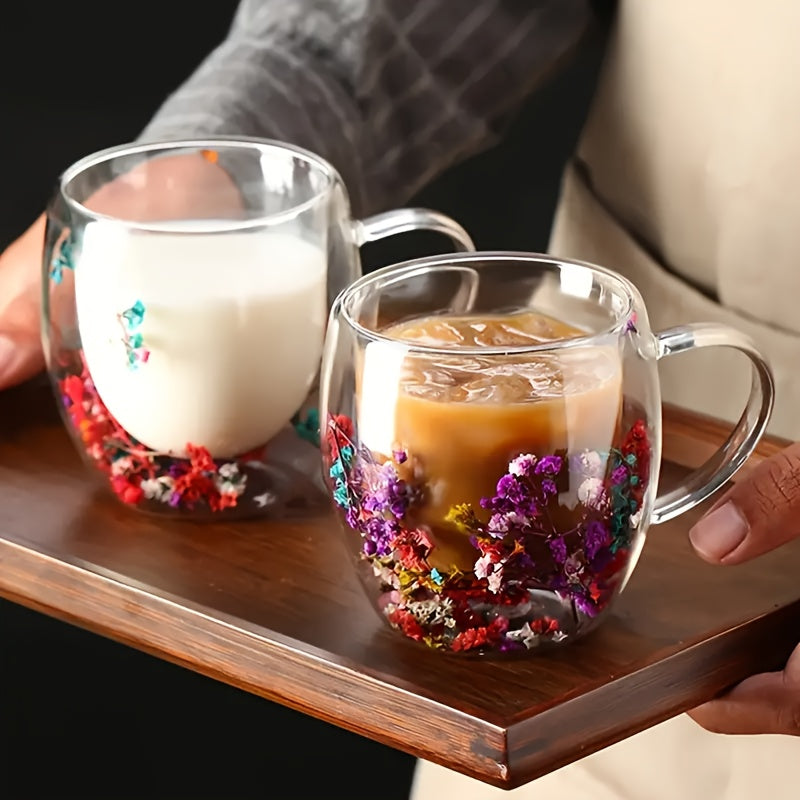 Stylish Double-Wall Glass Coffee Mug adorned with Vibrant Dry Flowers - Holds 250-350ml - BPA-Free - Hand-Wash Only - Great for Hot & Cold Drinks - Non-Slip Design - Perfect Christmas Gift - Ideal for Coffee Lovers & Coffee Bars