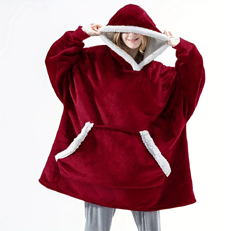 A cozy wearable blanket with a big pocket, perfect for giving as a Christmas gift to men and women. It is super soft, warm, and comfortable.