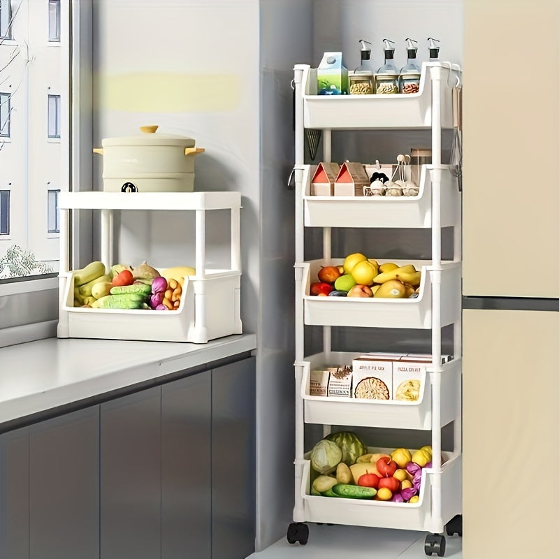 5-Tier durable plastic organizer rack with hanging hooks, ideal for kitchen and office storage.