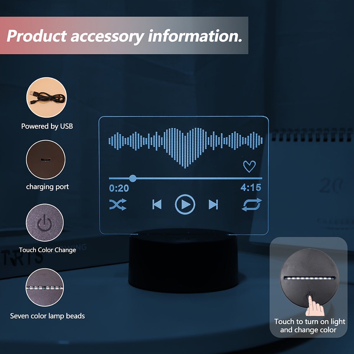 3D Музыкальный Плеер Ночной Светильник с Сенсорным Управлением - Питается от USB, 7-Цветное Атмосферное Освещение для Спальни и Гостиной, Идеальный Подарок