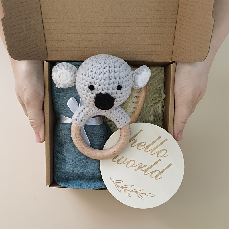 Artisanal Children's Gift Set - Luxuriously Soft Bamboo Towel, Gentle Goat Hair Brush & Adorable Beechwood Koala Rattle with Personalized 'Hello World' Card - Ideal Baby Shower Keepsake