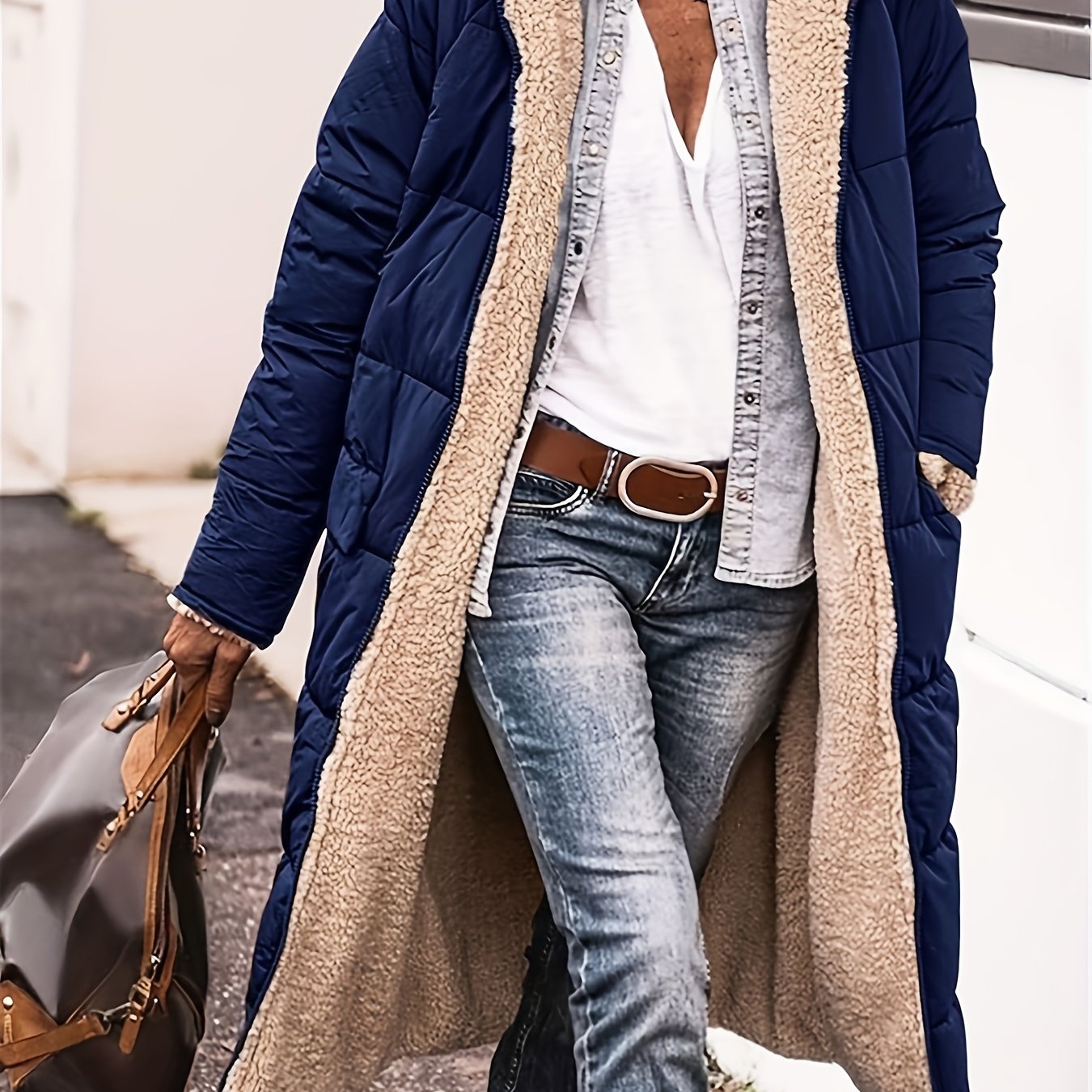 Fuzzy reversible longline winter coat, perfect for fall and winter in plus sizes.