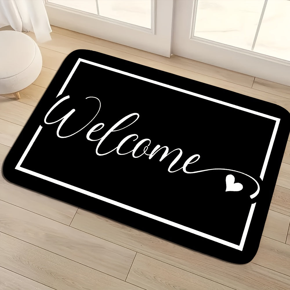 Inviting Doormat - Single Piece in Elegant Black with White Text, Resistant to Stains, Anti-Slip, Easy to Carry, Washable in Machine, Woven with Soft Polyester, Machine-Crafted Rectangle Shape with Thick Sponge Layer