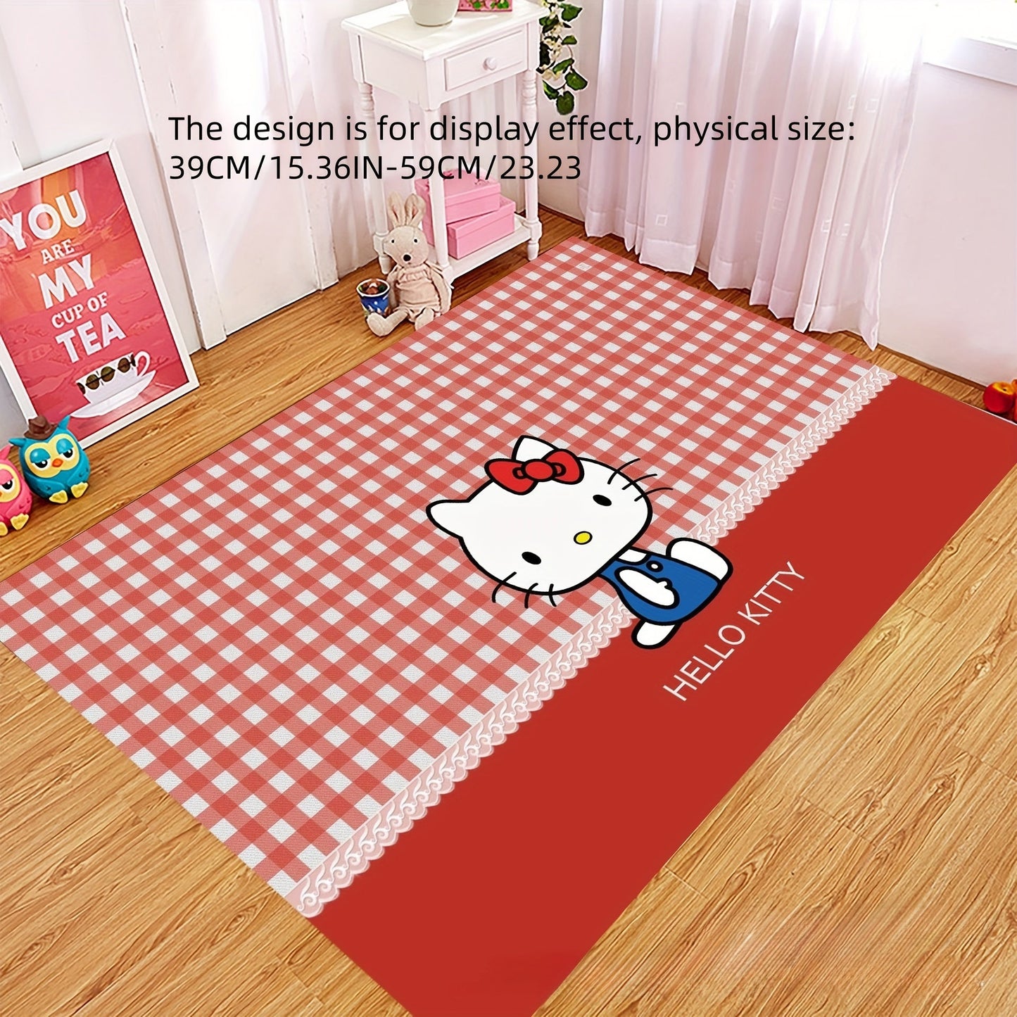 Soft and magical Sanrio Hello Kitty plush rug made of non-slip polyester, perfect for bedroom and living room decor. Hand wash recommended.