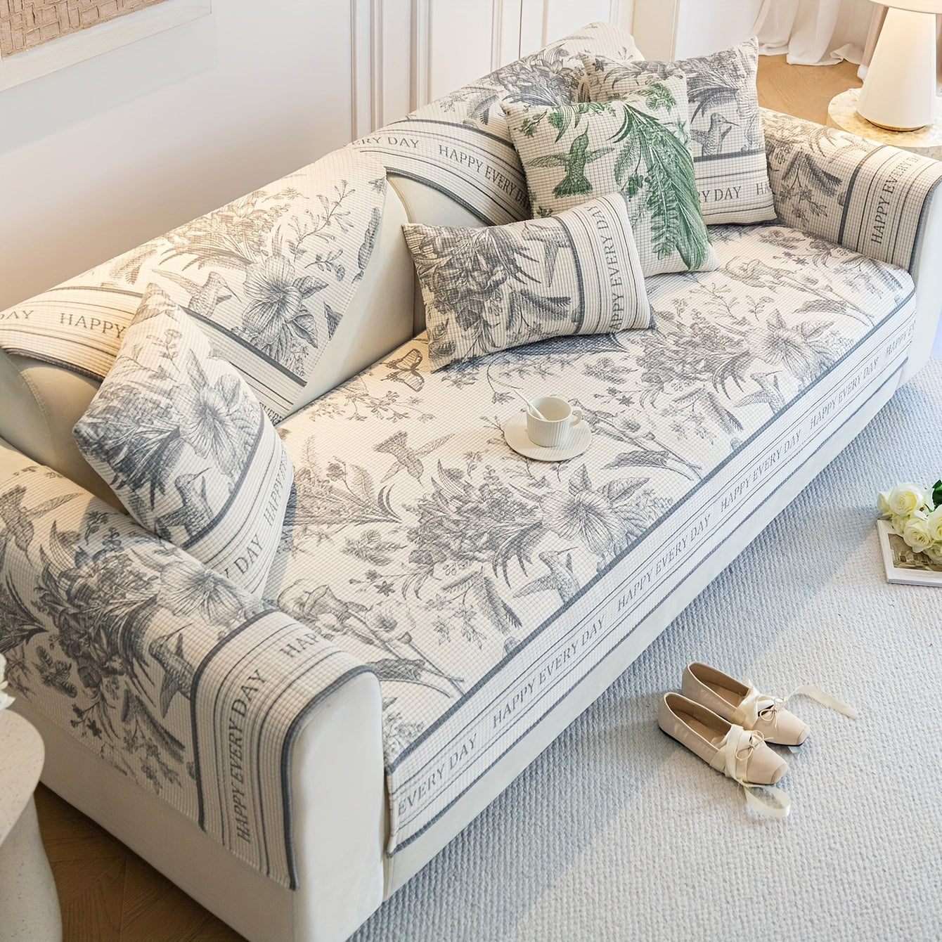 French vintage sofa cover with pet-friendly, machine washable, short plush jacquard design suitable for all seasons.