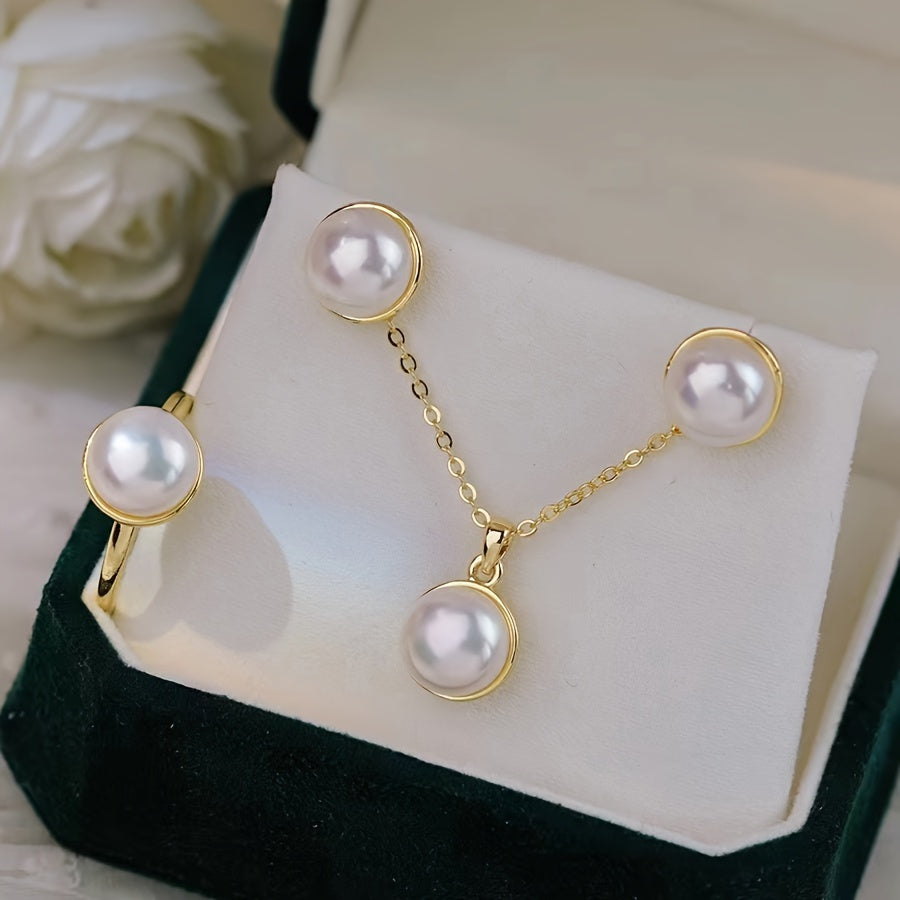 Elegant Freshwater Pearl Jewelry Set with 14K Gold Plating, Simple and Sophisticated Design, Includes Necklace, Earrings, and Ring, Perfect for Daily Wear or Gifting, High-Quality Luxurious Set Presented in a Red Gift Box