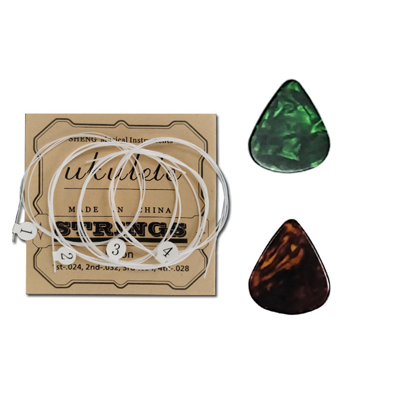 Ukulele strings for 21-inch, 23-inch, and 26-inch guitars, comes with 2 random colored picks.