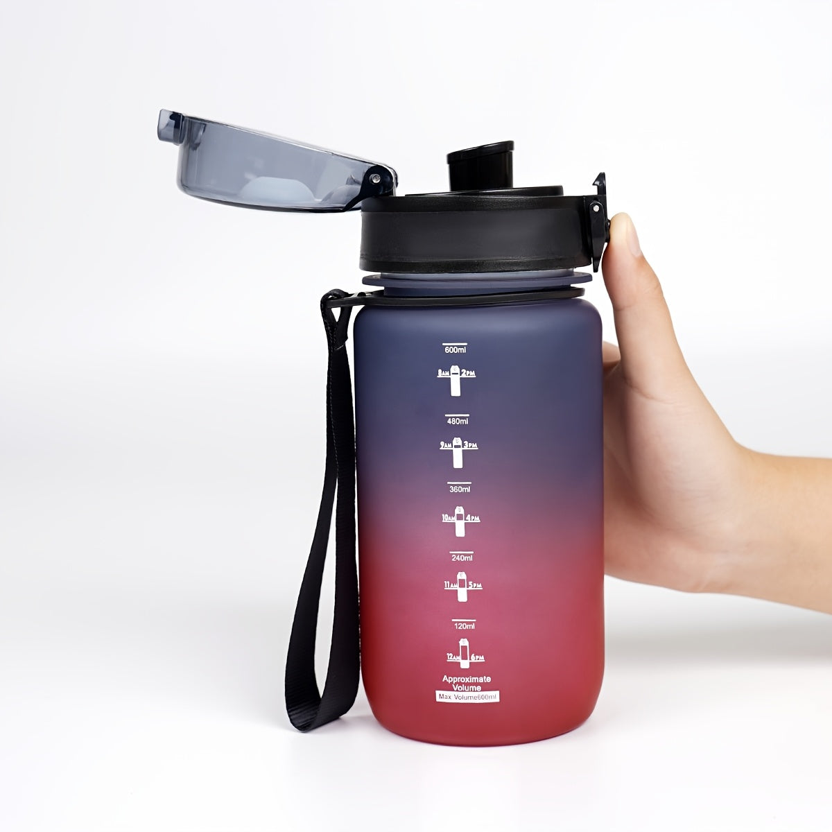 Outdoor sports water bottle with braided carrying rope and cup cover, portable, leakproof, time-volume mark, suitable for outdoor sports.