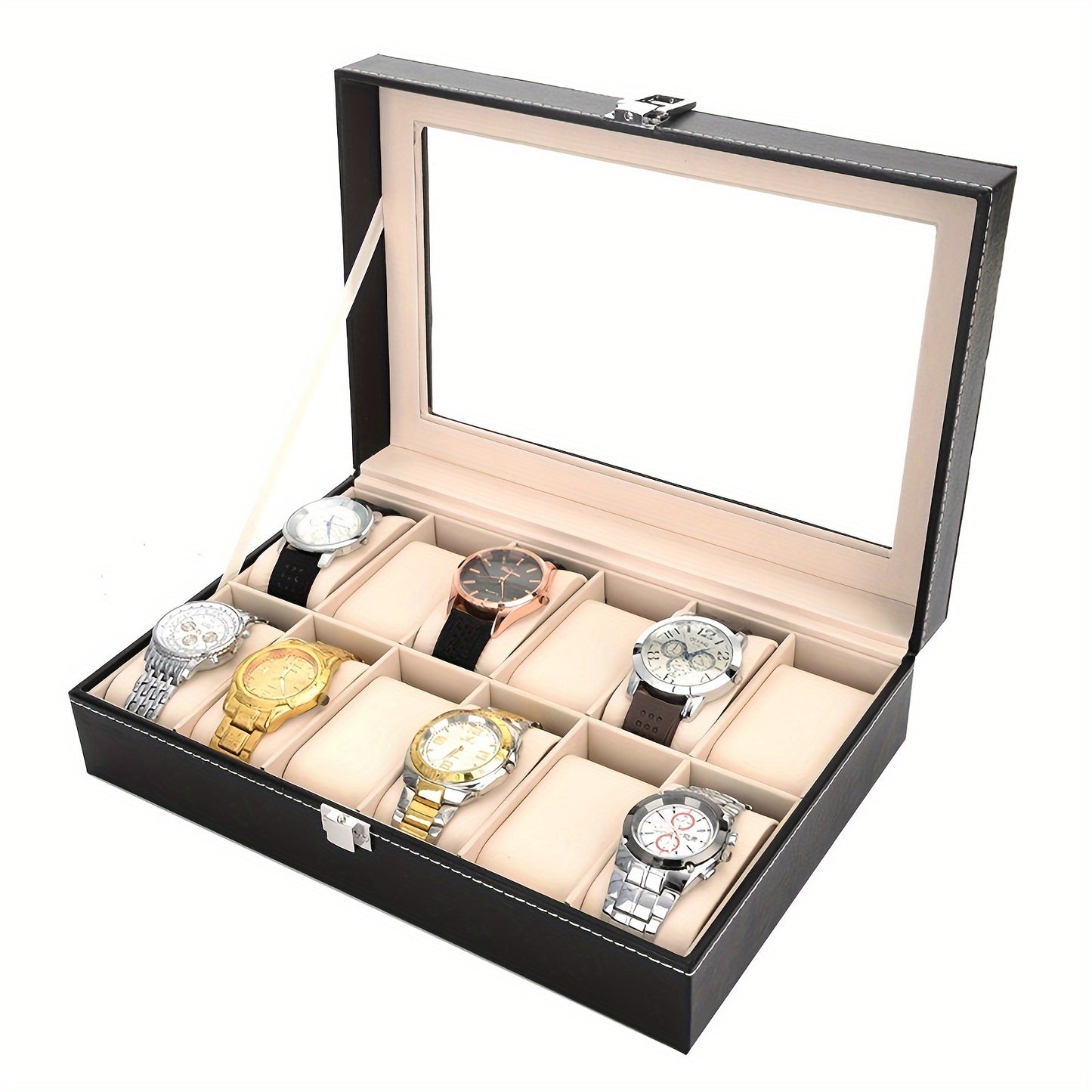 12-compartment faux leather watch box with glass lid, metal clasp, velvet lining, and flip-top closure. Black jewelry organizer for watches.