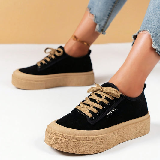 Women's fashion sneakers with solid color, low top lace-up design, comfortable fabric upper, durable PVC sole, all-season sports style.