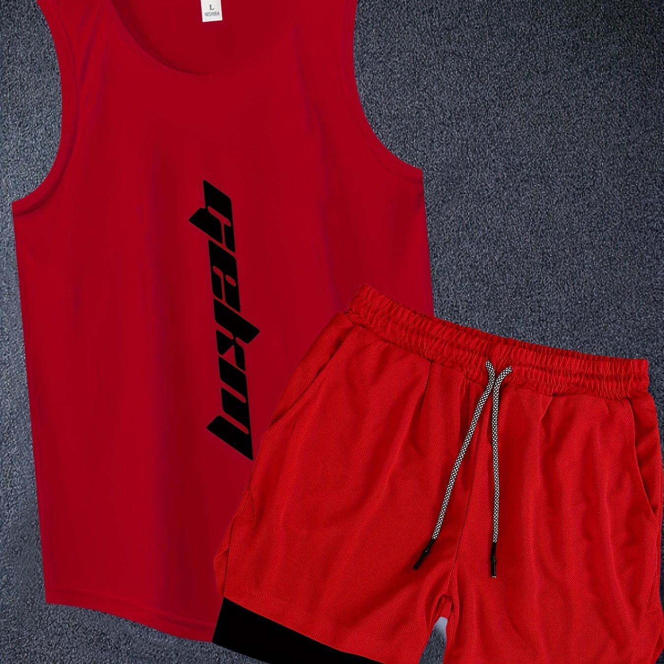 Men's stylish summer co-ord set includes letter print tank top and drawstring shorts, perfect for fitness and training.