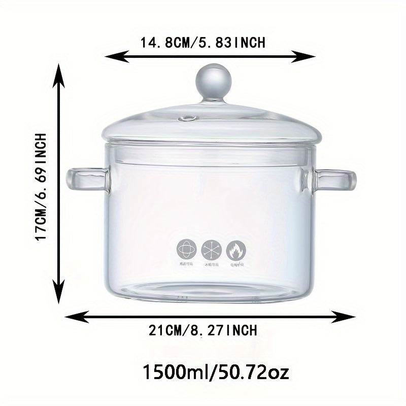 Transparent cooking pot with lid, resistant to high temperatures for gas stoves. This mini soup pot is made of high borosilicate glass, perfect for household use. It has a thickened large capacity, ideal for making supplementary food, soup, or stew.