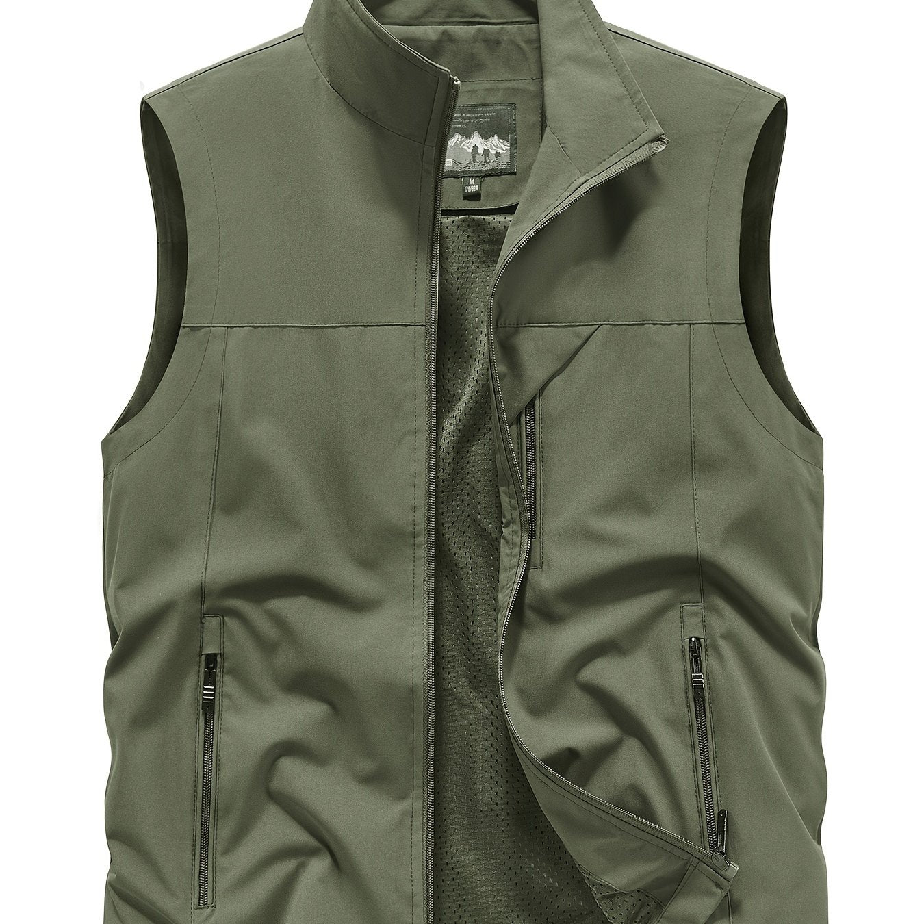 Men's sleeveless jacket with zipper pockets, stand collar vest for outdoor activities in spring, summer, and fall.