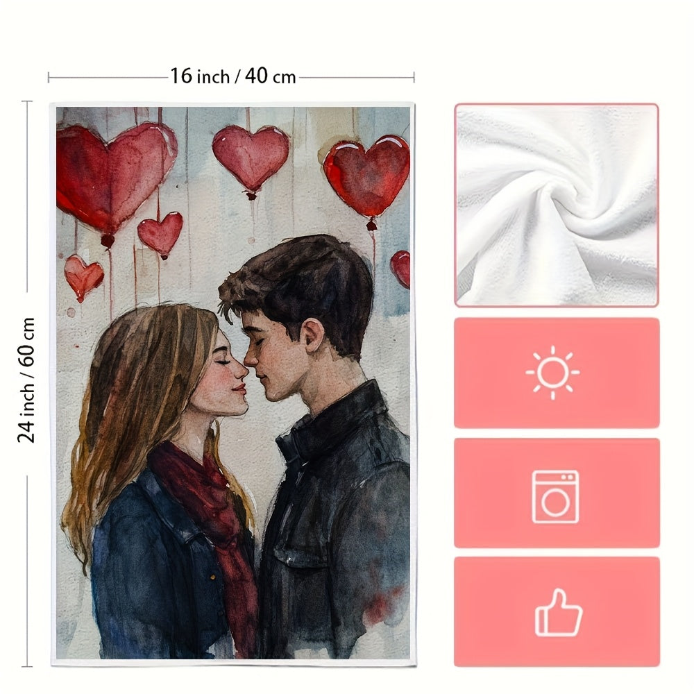 Set of 2 Ultra Soft Kitchen Towels - Romantic Valentine's Day Theme featuring Young Lovers, Excellent Absorbency & Machine Washable Dish Hand Towels, Modern Watercolor Design, Size: 40.64x60.96 cm, Kitchen Dish Towels