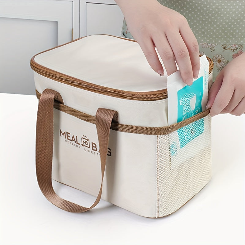 Set of insulated lunch bags with handle, made of hand washable light beige polyester material, featuring a thick aluminum foil lining for insulation. These waterproof thermal food container totes come in three different sizes, perfect for work or school.