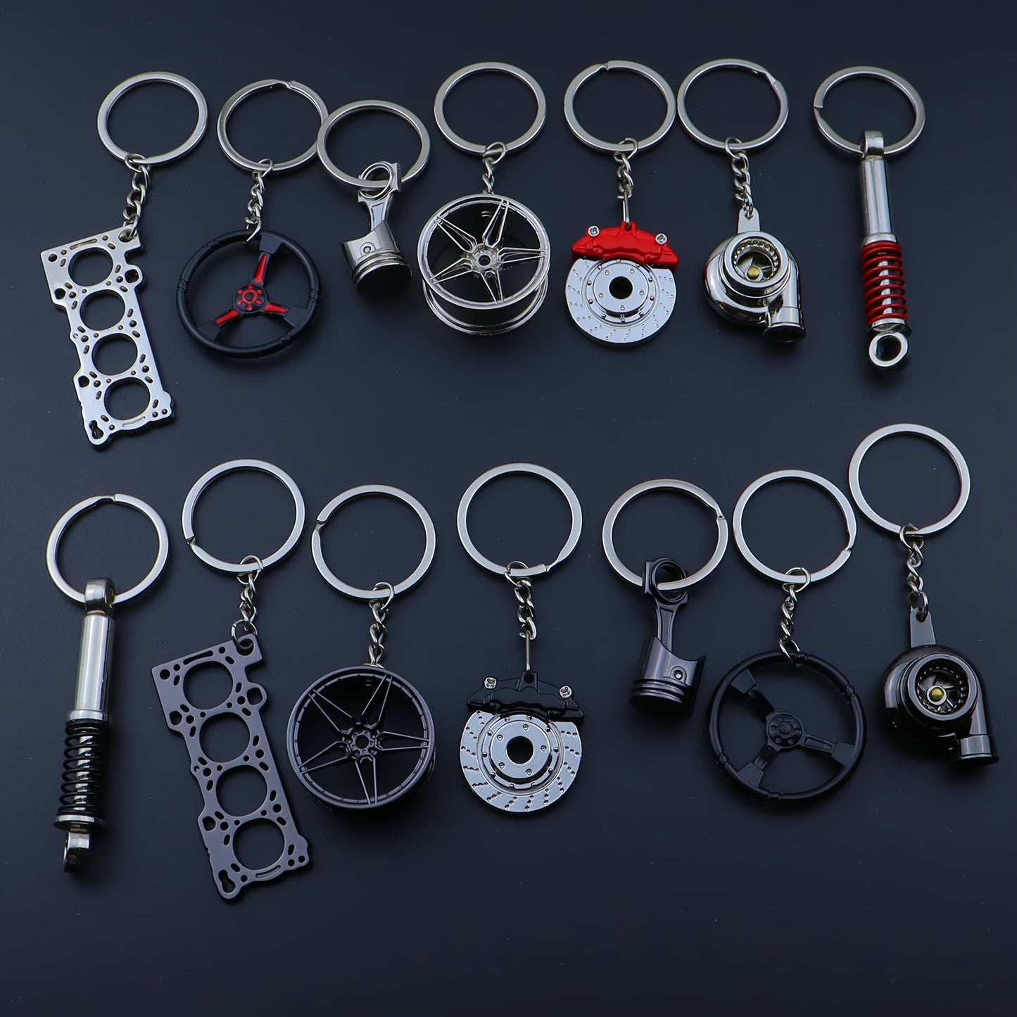 Set of 7 Car Enthusiast Keychains - Sleek Black Zinc Alloy, featuring Engine Block, Turbo, Wheel Hubs, and More - Ideal Gift for Guys