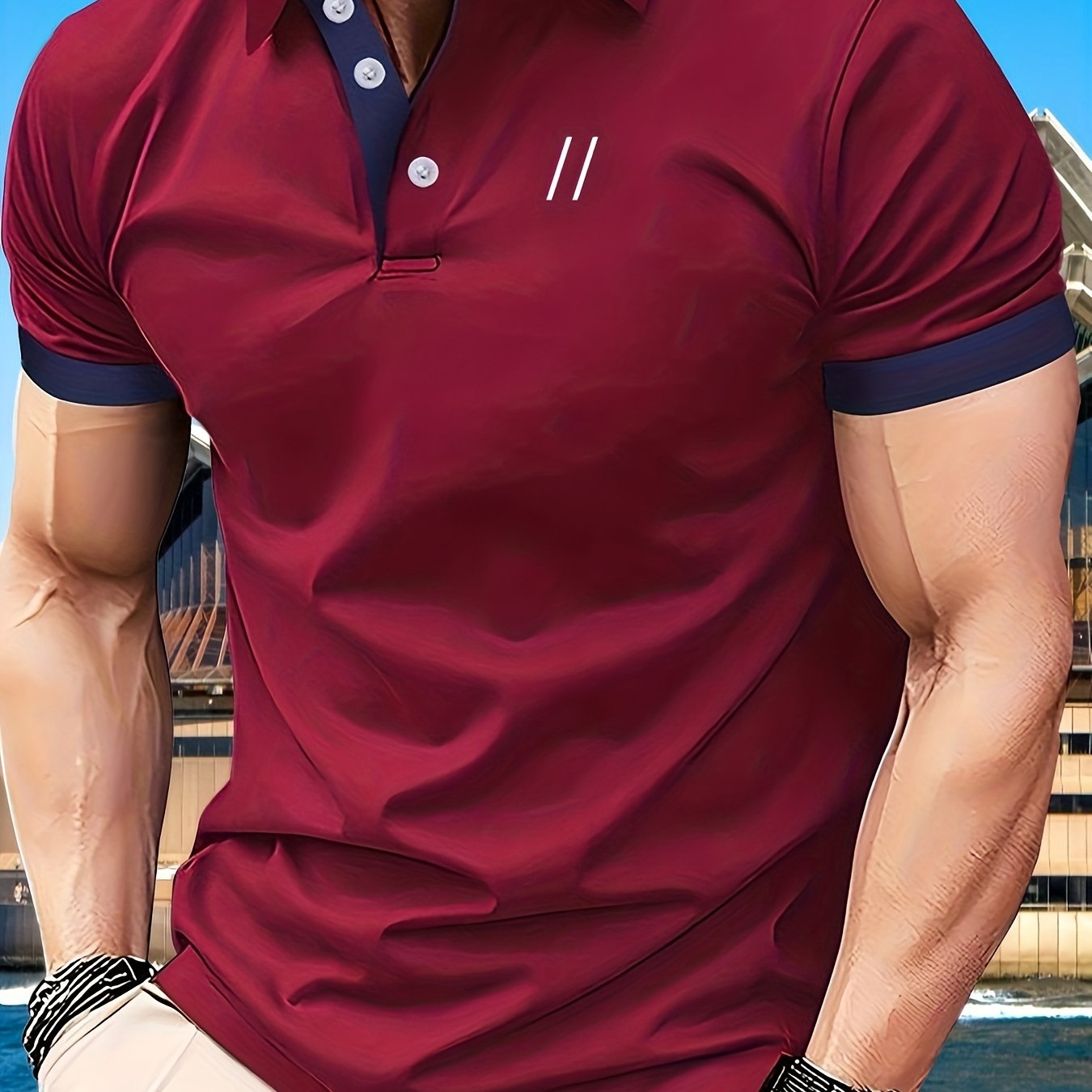 Men's short sleeve athletic polo shirts featuring a two slashes pattern and retro style button up design, ideal for summer business attire.