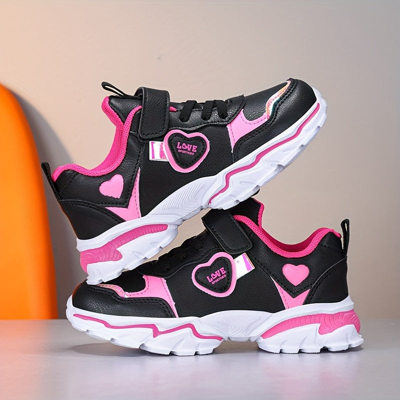 Stylish black and pink running shoes with glow-in-the-dark feature and hook-and-loop fastener, perfect for all seasons.