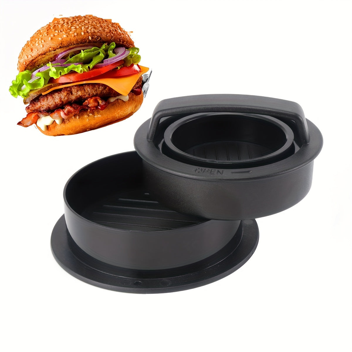 The 3-in-1 Manual Burger Press comes with 100 sheets of baking paper, perfect for making beef, cheese, mini burgers, and vegetable patties. This easy-to-release non-stick coated burger maker is an essential kitchen gadget.